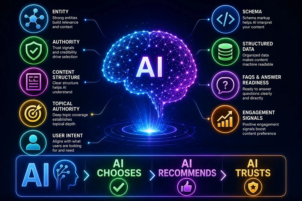 Infographic showing the hidden AI signals that influence content recommendations, including entities, authority, content structure, topical authority, user intent, schema, structured data, FAQs, answer readiness, and engagement signals surrounding a central AI network.