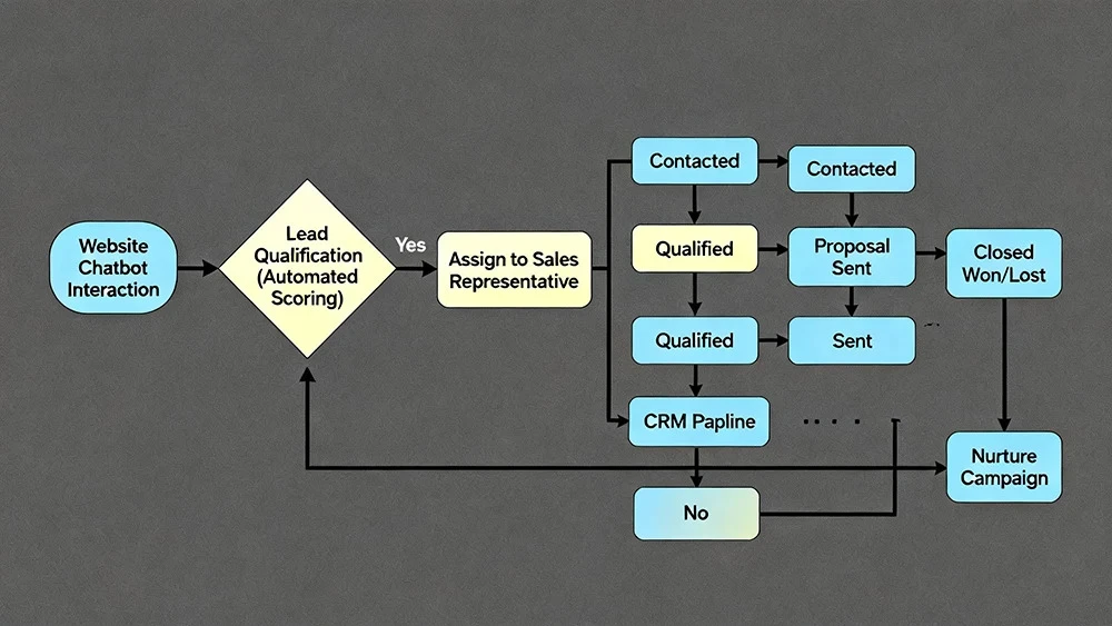 CRM-pipeline-lead-stages A flowchart diagram illustrating the automated path of a lead from a website chatbot to specific CRM pipeline stages.