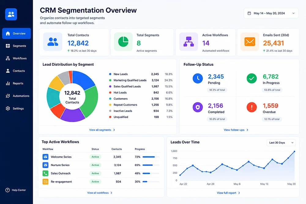 CRM-segmentation-overview-dashboard CRM segmentation dashboard showing lead categories, customer segments, lead scores, workflows, communication channels, follow-up status, and automated nurturing stages for lead qualification and customer management.