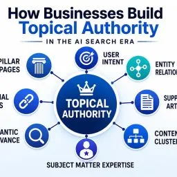 How businesses build topical authority in the AI search era with content clusters, internal links, entity relationships, and semantic relevance supporting AI visibility