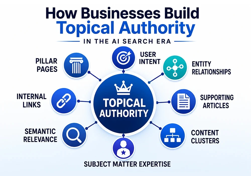 How businesses build topical authority in the AI search era with content clusters, internal links, entity relationships, and semantic relevance supporting AI visibility
