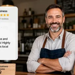 Happy local business owner showcasing positive customer reviews and strong community trust for local business success