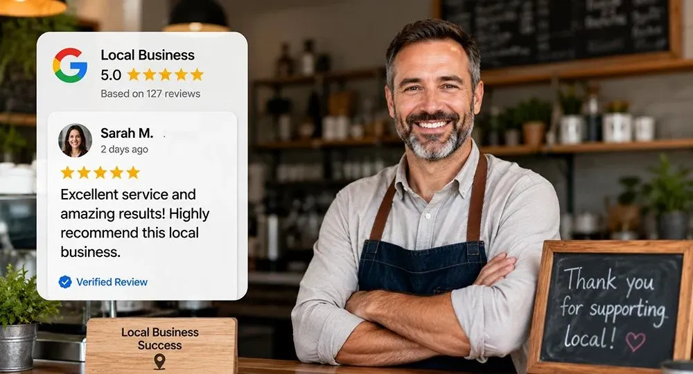 Happy local business owner showcasing positive customer reviews and strong community trust for local business success