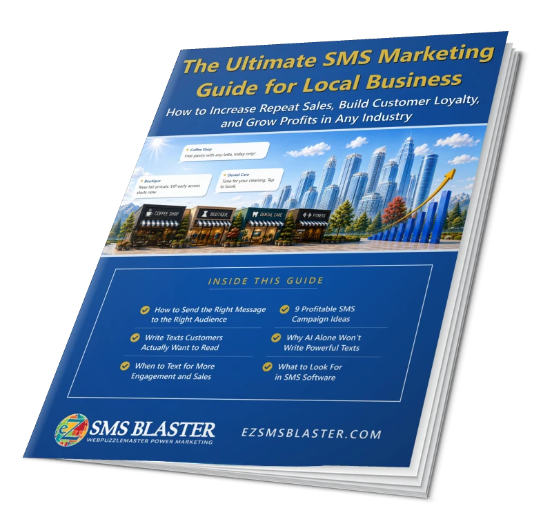 ezsms-report-cover-3d-2026 Cover of the eZ SMS Blaster SMS Marketing Guide for local businesses, illustrating strategies for generating leads, growing subscribers, using AI-assisted SMS messaging, increasing repeat sales, building customer loyalty, and creating predictable revenue.