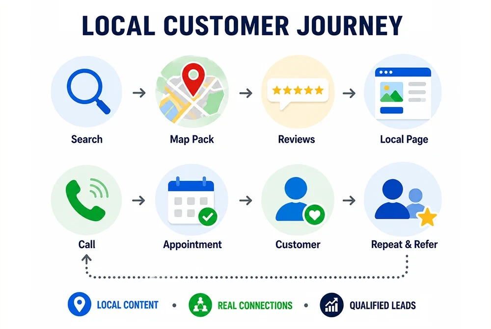 local-customer-journey Local customer journey showing search, map pack, reviews, local page, call, appointment, customer, and repeat referrals leading to qualified leads