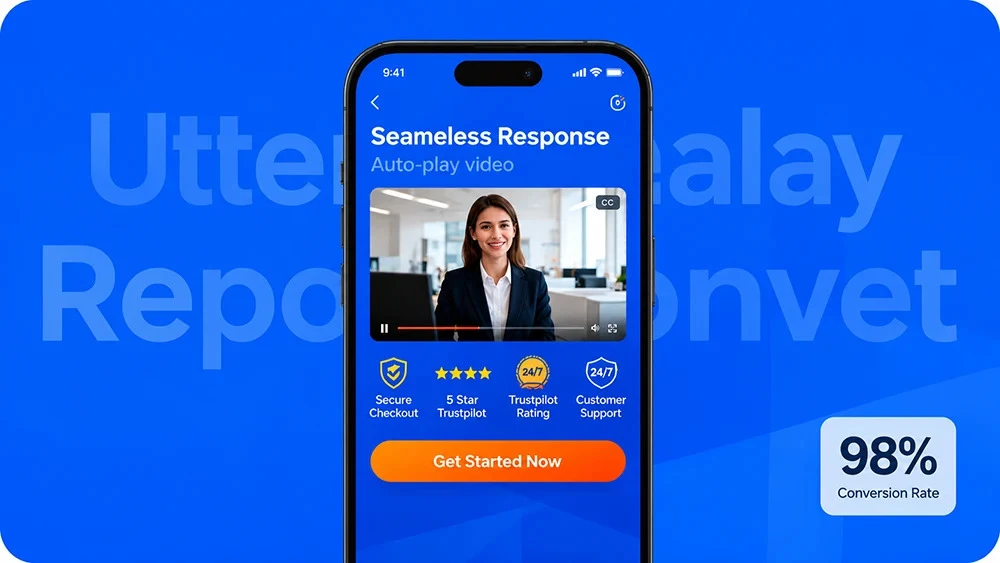 mobile-video-landing-page-conversions Successful video landing page showing a seamless mobile view, strong trust badges, a persuasive video, and a single highlighted CTA button with analytics overlay