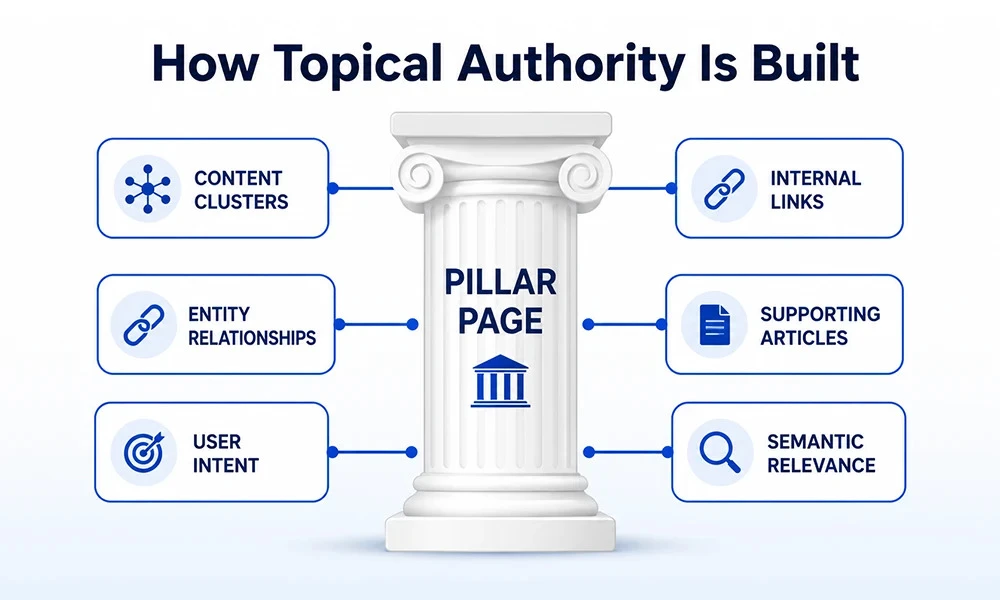 pillar-pages-how-topical-authority-is-built Pillar page diagram showing how content clusters, entity relationships, user intent, internal links, and supporting articles build topical authority