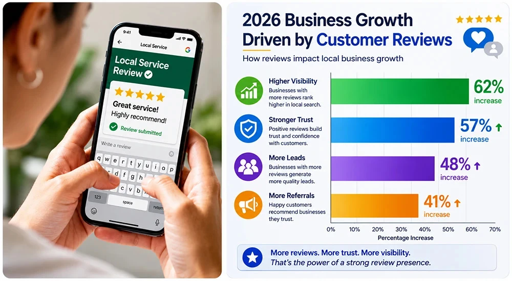 Customer reviews driving local business growth, trust, and lead generation through improved online visibility and reputation