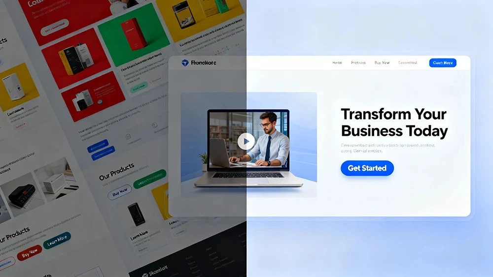 split-screen-comparison-cluttered-vs-clean A split-screen comparison showing a cluttered, low-converting landing page versus a clean, high-converting landing page with clear calls to action.
