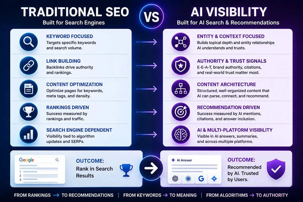 Infographic comparing traditional SEO and AI visibility, showing the shift from keyword rankings to entity optimization, authority signals, content architecture, and AI-driven recommendations across search and answer engines.