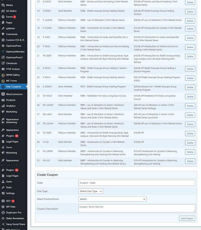 Holistic Healing, Coaching Website Custom Coupon Module in Admin