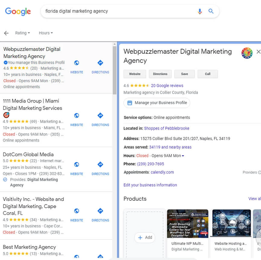 GMB Listing with Star Ratings and Reviews