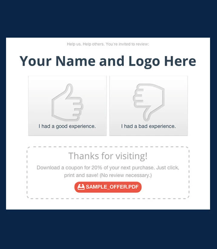 Example Reputation Landing Page with Thumbs and Offer