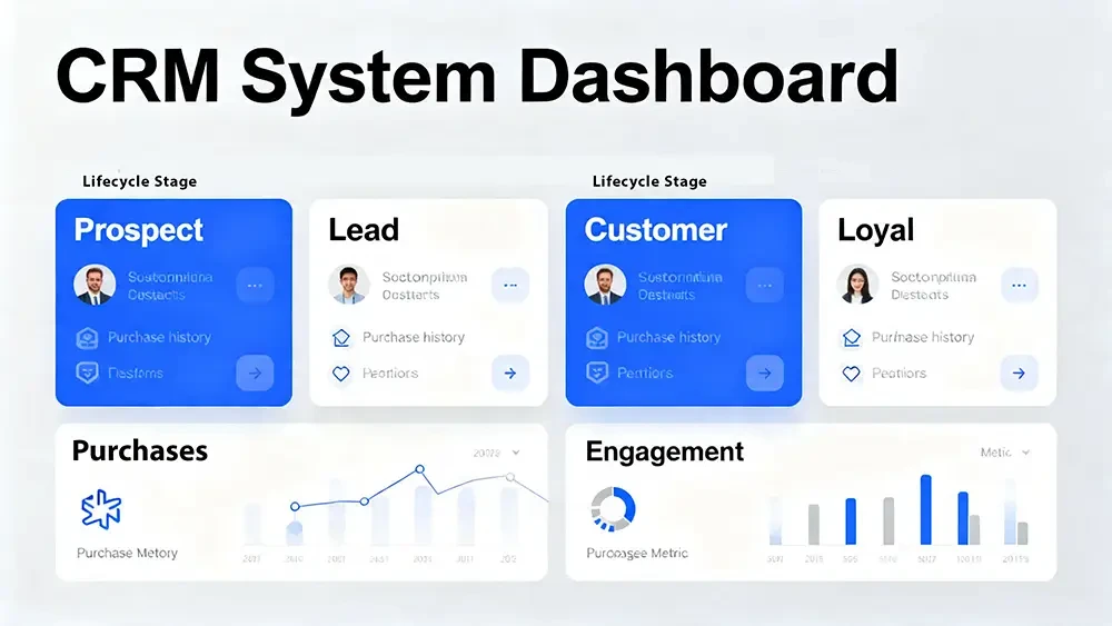 CRM-system-dashboard A dashboard view of a clean and organized CRM system, showing clearly defined lifecycle stages and customer data.