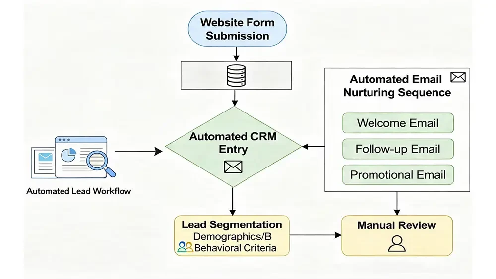 lead-from-web-form-entered-into-CRM A flowchart illustrating how a lead from a website form is automatically entered into a CRM, segmented, and nurtured through an automated email sequence.